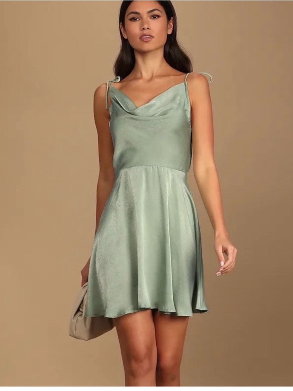 Lulu's Sage Green Satin Cowl-Neck Mini Dress